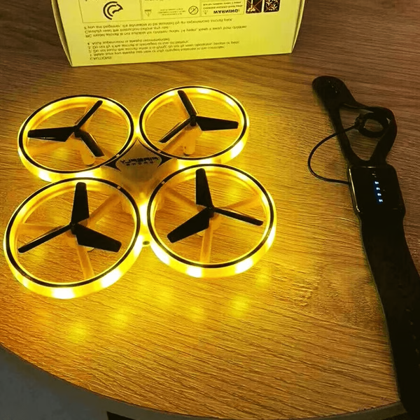 Belro hand-controlled drone with LED lights and gesture control, showcasing its sleek design and remote-free flying capability.