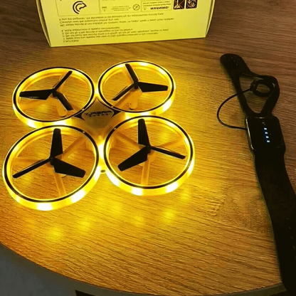 Belro hand-controlled drone with LED lights and gesture control, showcasing its sleek design and remote-free flying capability.