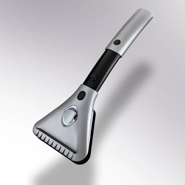Belro electric heated ice scraper with ergonomic handle, designed for outdoor car window ice removal in winter.