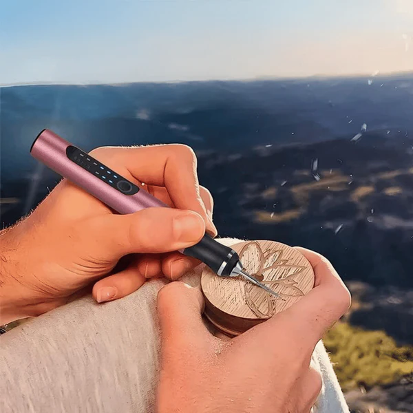 Belro cordless engraving pen for men, shown in use on clothing, highlighting its ergonomic design and precision engraving features.