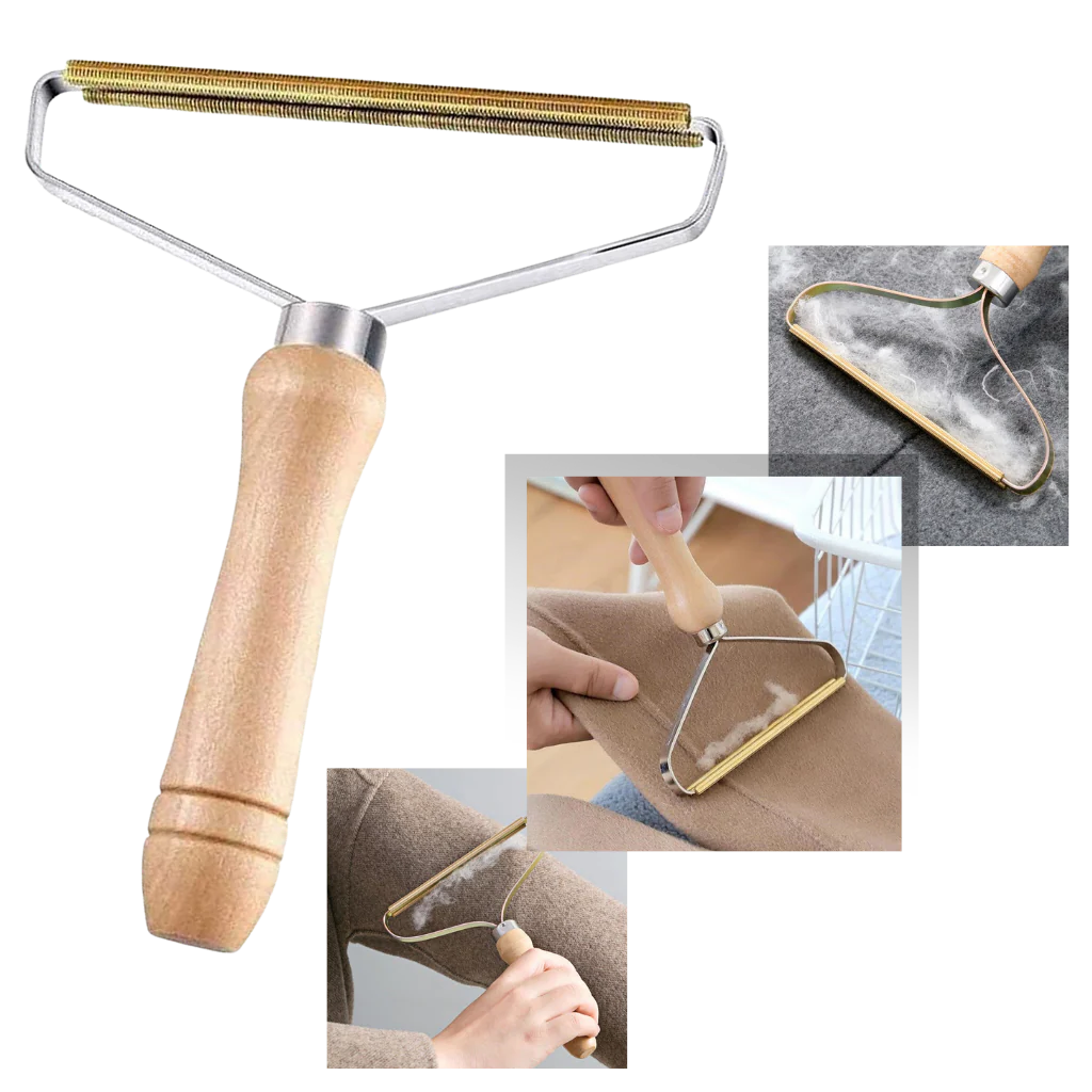 Belro wooden pet hair remover for dogs, shown in use, designed to easily remove loose hair during grooming sessions.