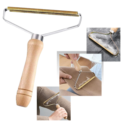 Belro wooden pet hair remover for dogs, shown in use, designed to easily remove loose hair during grooming sessions.