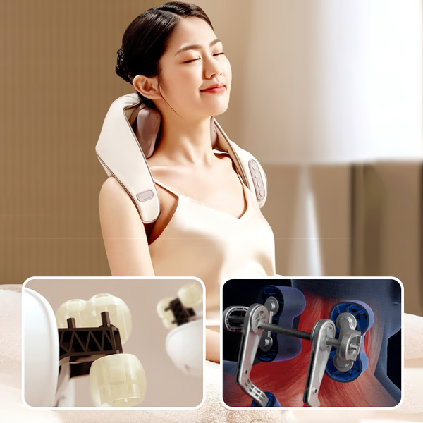 Belro neck and shoulder heat massager with adjustable straps, showcasing its therapeutic design for relaxing muscle relief.