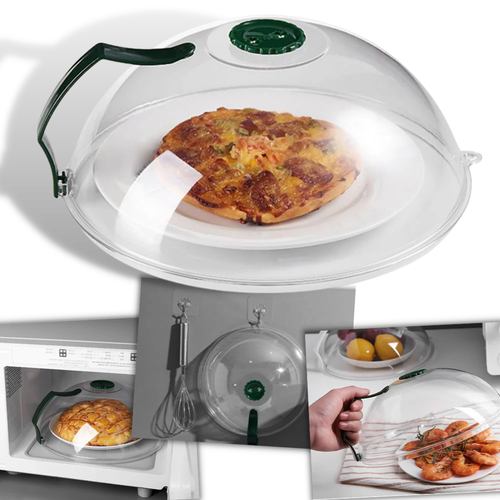 Belro anti-splash microwave protective cover shown on a microwave, designed to prevent spills and splashes in the kitchen.