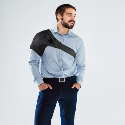 Belro shoulder brace for pain relief, adjustable support device showing straps and padding for shoulder stabilization.