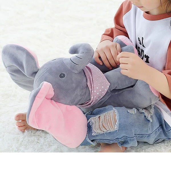 Belro Peek-a-boo Elephant plush toy in soft fabric, designed for children, with detailed elephant features and playful expression
