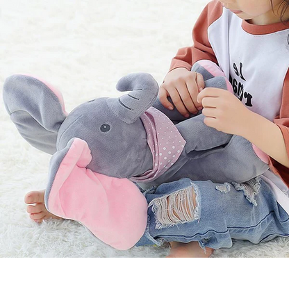 Belro Peek-a-boo Elephant plush toy in soft fabric, designed for children, with detailed elephant features and playful expression