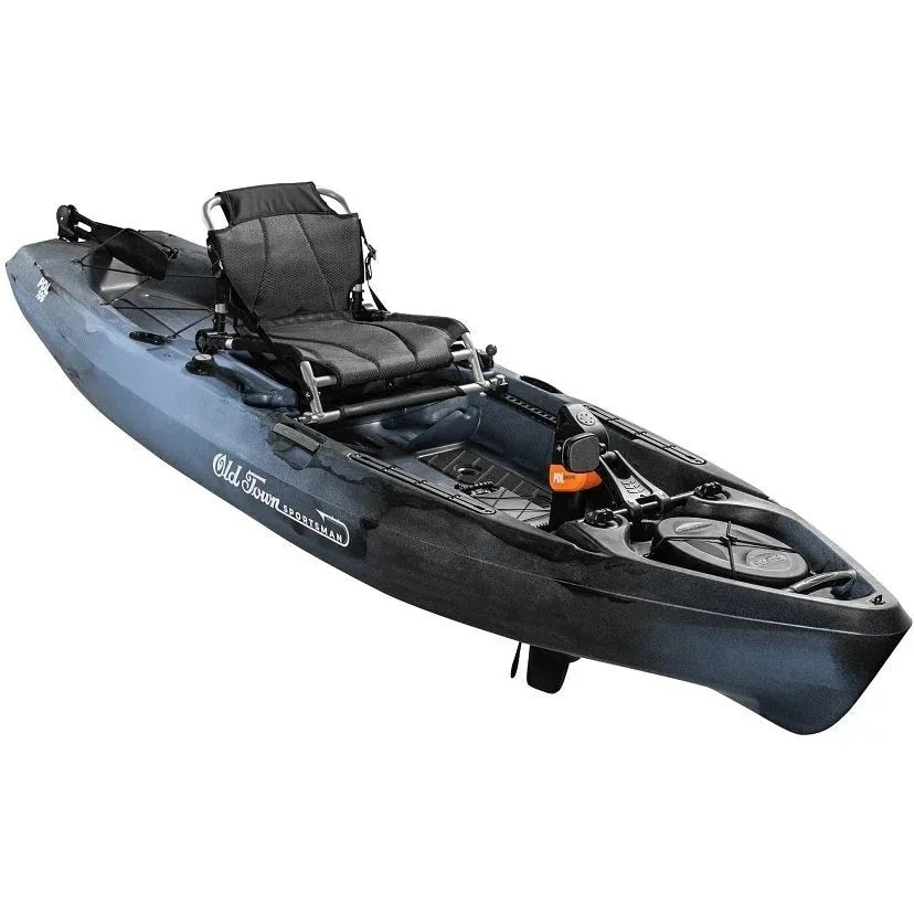 Casavibeo Old Town Sportsman PDL 106 kayak with adjustable seat and paddle, shown on calm water for outdoor recreation.