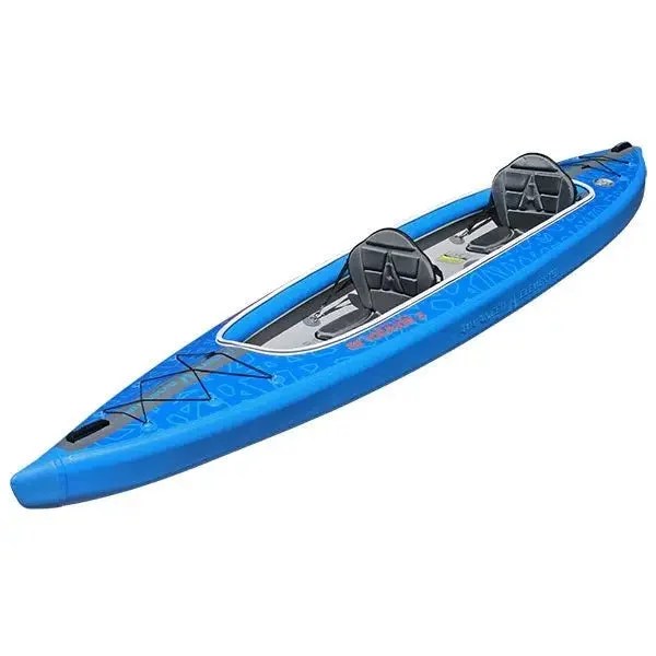 Casavibeo Advanced Elements AirVolution2 inflatable kayak on water, showing its lightweight, portable design and bright color.