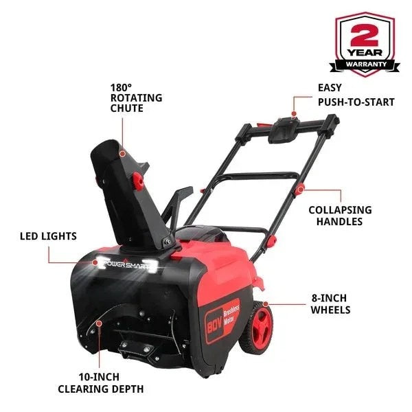 Casavibeo PowerSmart 80V 21-inch cordless snow blower with two batteries and chargers, showing its sturdy design and handles.
