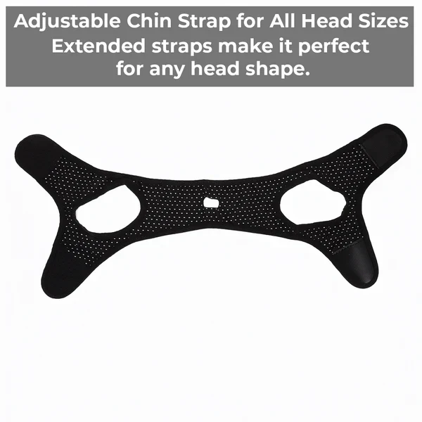 Belro anti-snoring chin strap in navy blue, adjustable sleep aid strap designed to reduce snoring and improve sleep quality.