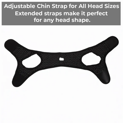 Belro anti-snoring chin strap in navy blue, adjustable sleep aid strap designed to reduce snoring and improve sleep quality.