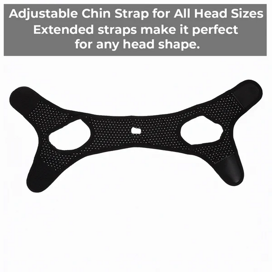 Belro anti-snoring chin strap in navy blue, adjustable sleep aid strap designed to reduce snoring and improve sleep quality.