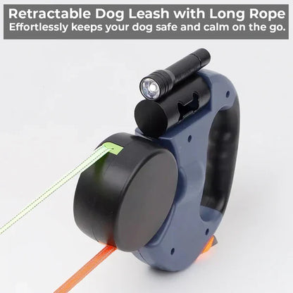 Belro dual retractable dog leash with built-in flashlight and waste bag holder for convenient walking and safety.