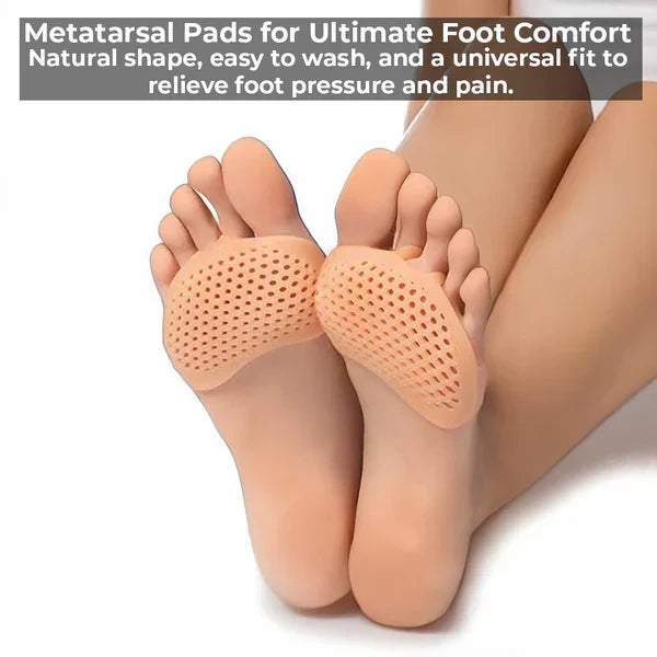 Belro breathable gel metatarsal pads for foot comfort and pain relief, shown on a foot with supportive padding.