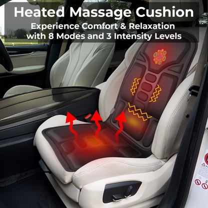 Belro heated massage cushion pad for chair and car, with control panel, designed for relaxing personal care and comfort.