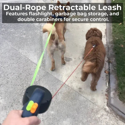 Belro dual retractable dog leash with built-in flashlight and waste bag holder, ideal for walking dogs safely at night.