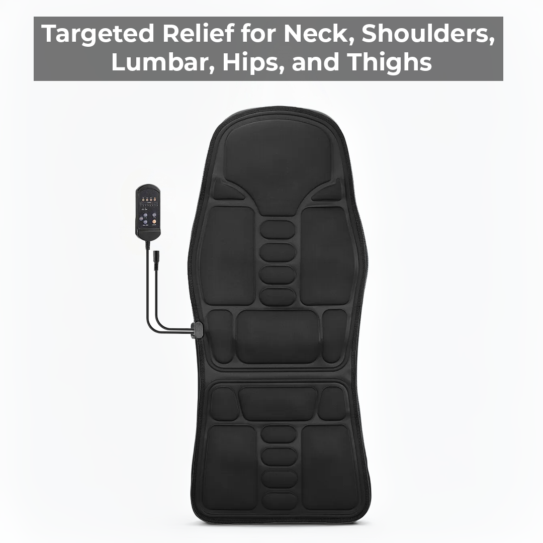 Belro heated massage cushion pad on a chair showing its soft fabric and control panel for chair and car relaxation.