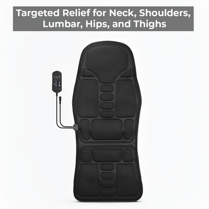 Belro heated massage cushion pad on a chair showing its soft fabric and control panel for chair and car relaxation.