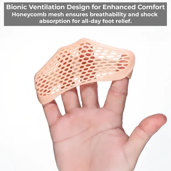 Belro breathable gel metatarsal pads providing foot comfort and pain relief, shown placed under the toes in a foot illustration.