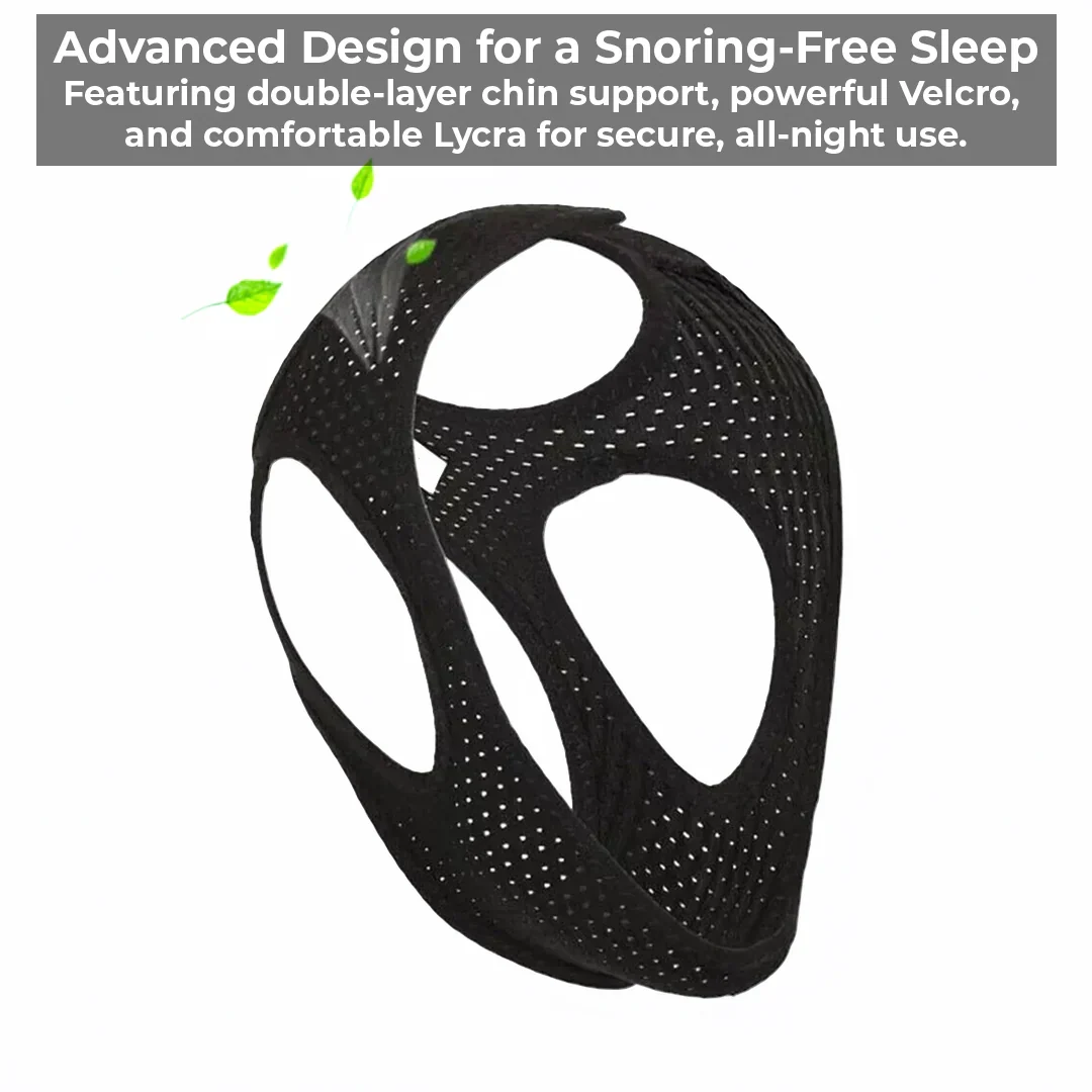 Belro anti-snoring chin strap in black, designed to support jaw alignment and reduce snoring during sleep.