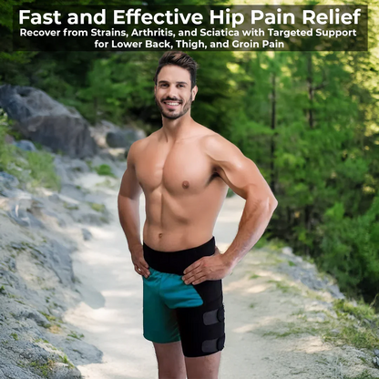 Belro hip and sciatica brace support worn on a person’s hip, providing pain relief and stability for hip and sciatic nerve discomfort.