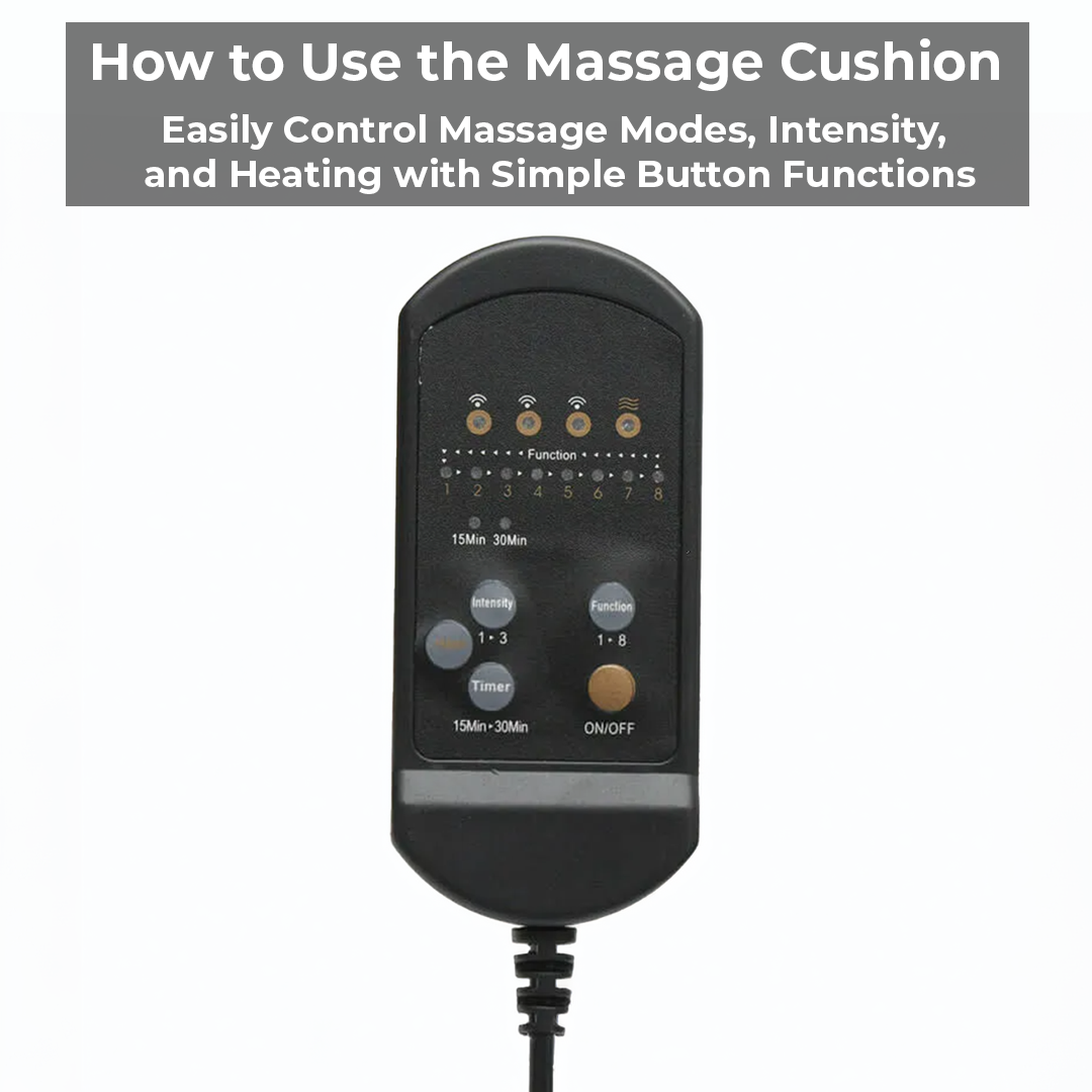 Belro heated massage cushion pad for chair and car with control panel, designed for personal relaxation and comfort.
