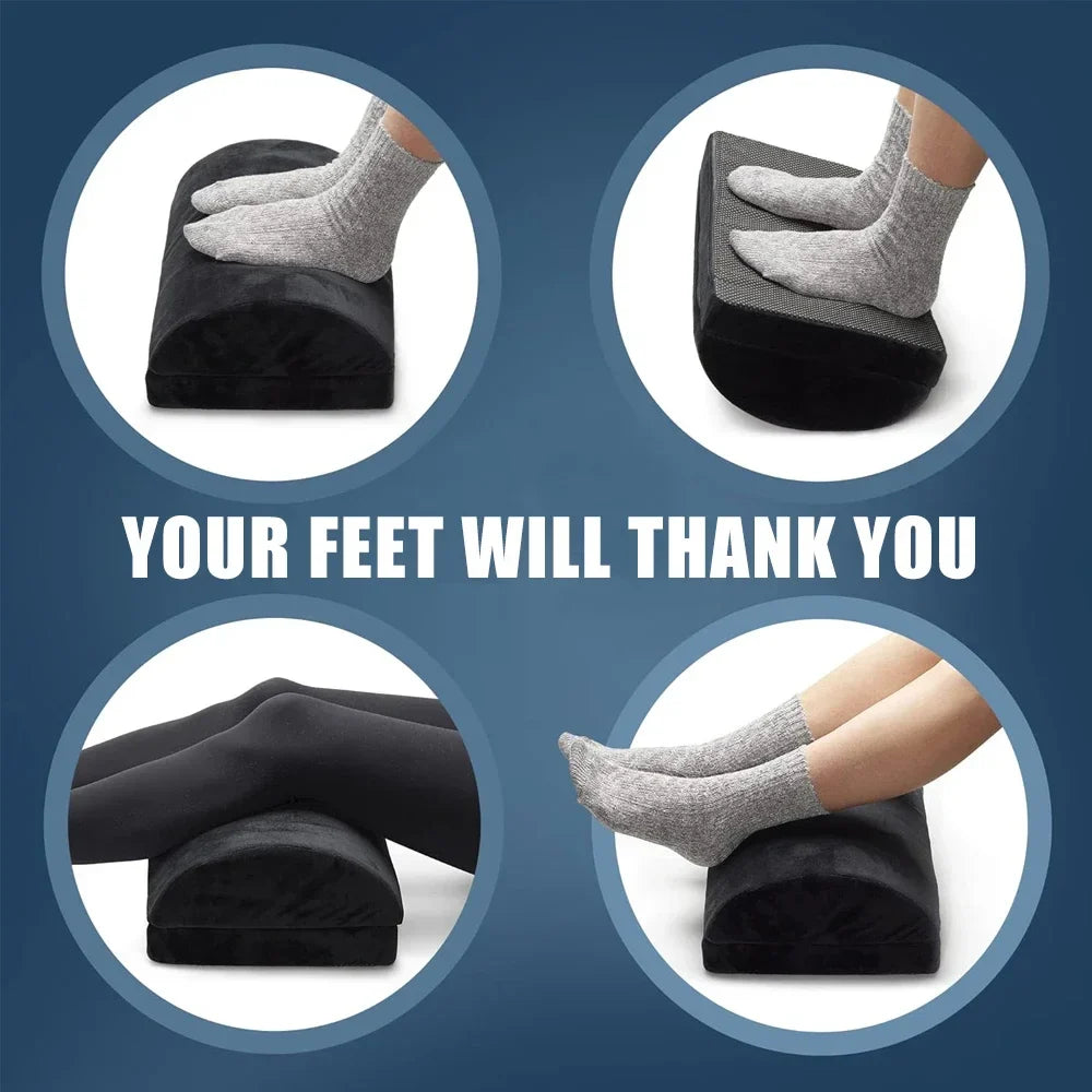Belro under desk foot cushion rest on a desk, providing ergonomic support for improved comfort and posture while working.