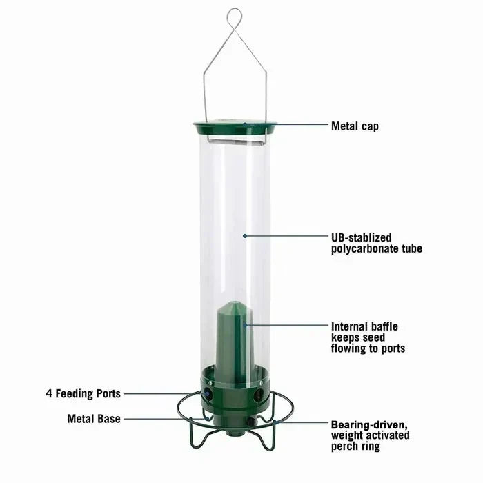 Belro squirrel-proof bird feeder in a garden setting, designed to keep squirrels out and attract songbirds.