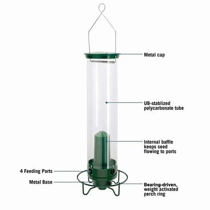 Belro squirrel-proof bird feeder in a garden setting, designed to keep squirrels out and attract songbirds.