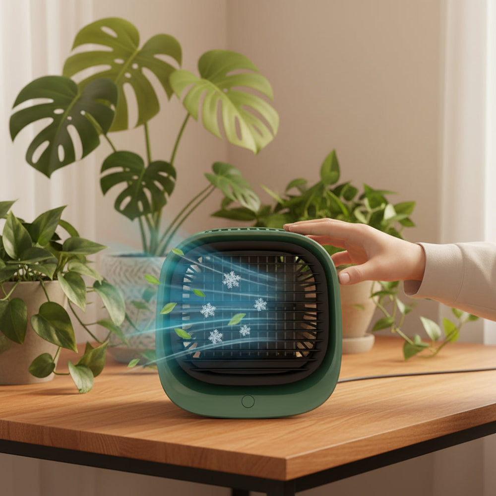 DecorsDeluxe ZenWave Micro AC portable personal air conditioner mini cooling fan with USB power for personal cooling.
