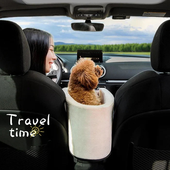 Belro Pet Armrest Safety Seat for small dogs and cats, compact car seat with travel bag for secure pet transportation.