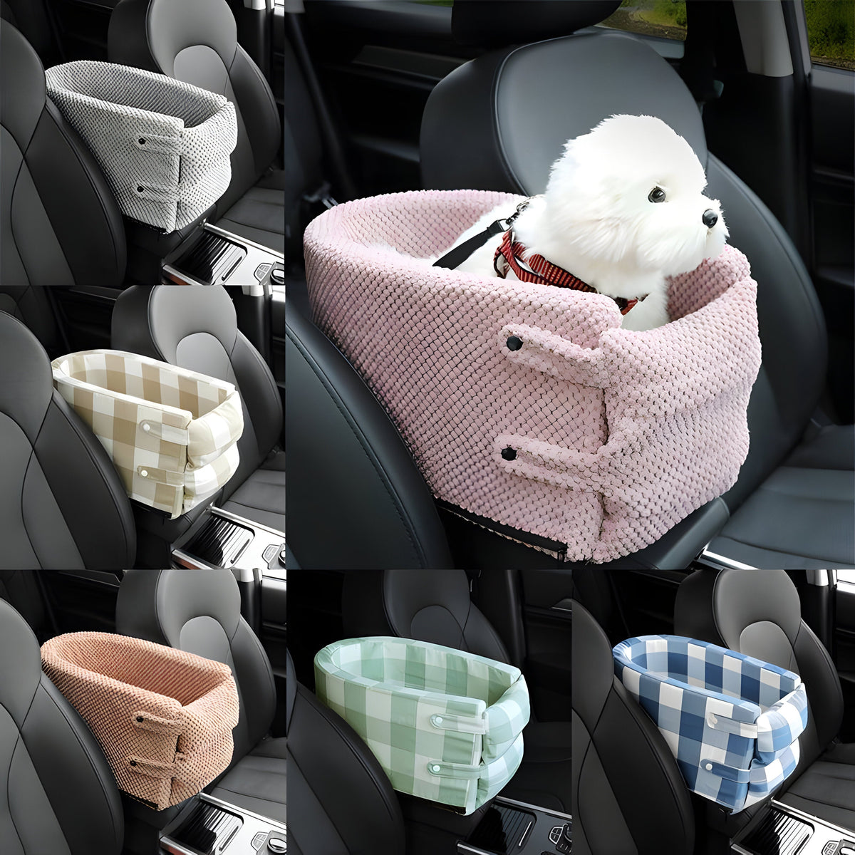 Belro pet car seat for small dogs and cats, automotive safety seat with secure harness and comfortable padding.