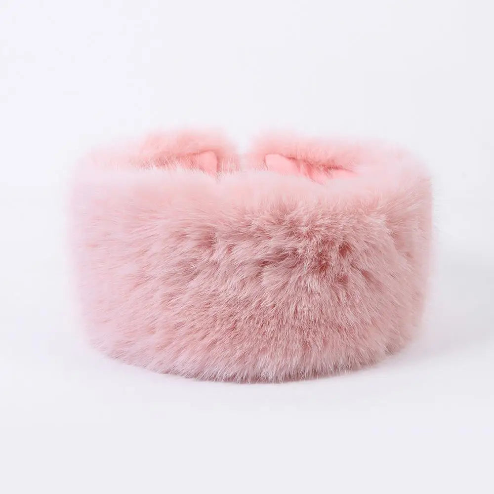 Pink fluffy faux fur headband for women, Belro accessories, soft and cozy hair accessory with a plush texture.