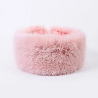 Pink fluffy faux fur headband for women, Belro accessories, soft and cozy hair accessory with a plush texture.