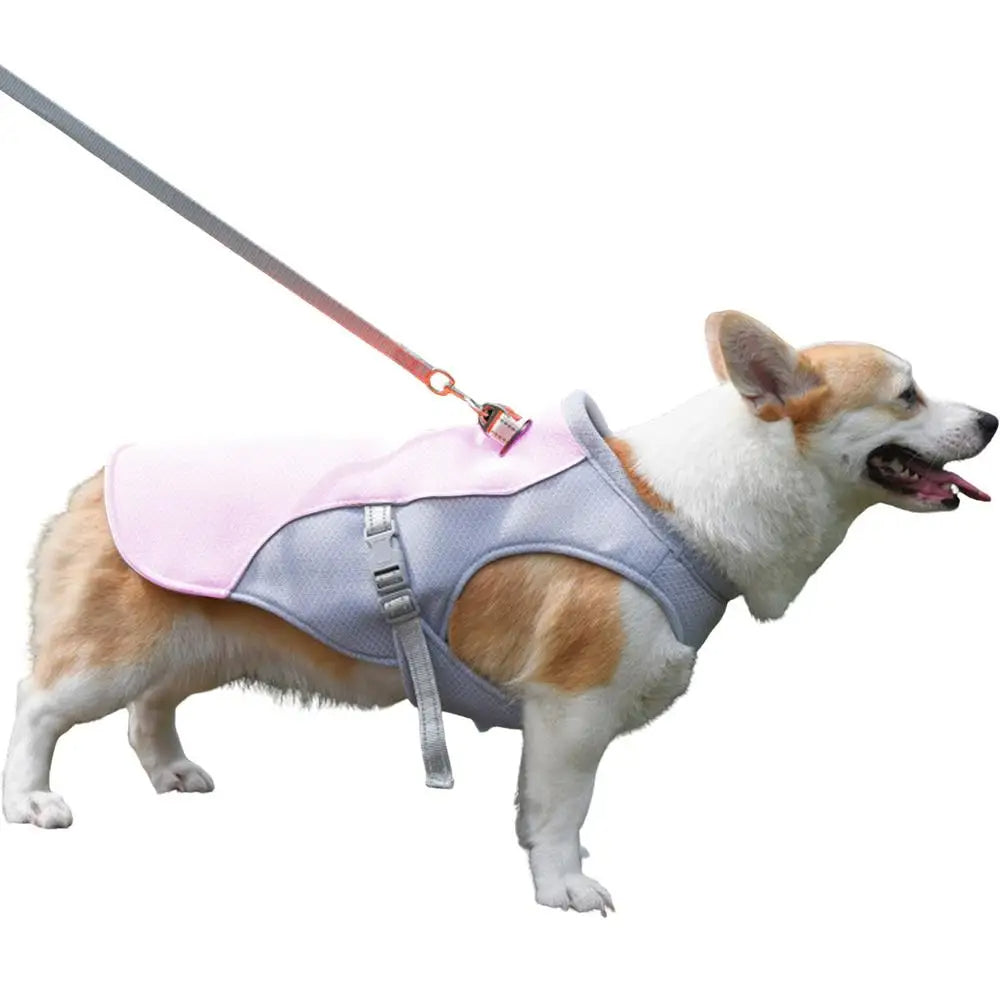 Pink Belro dog cooling vest designed for outdoor activities, lightweight and breathable clothing for hot weather.