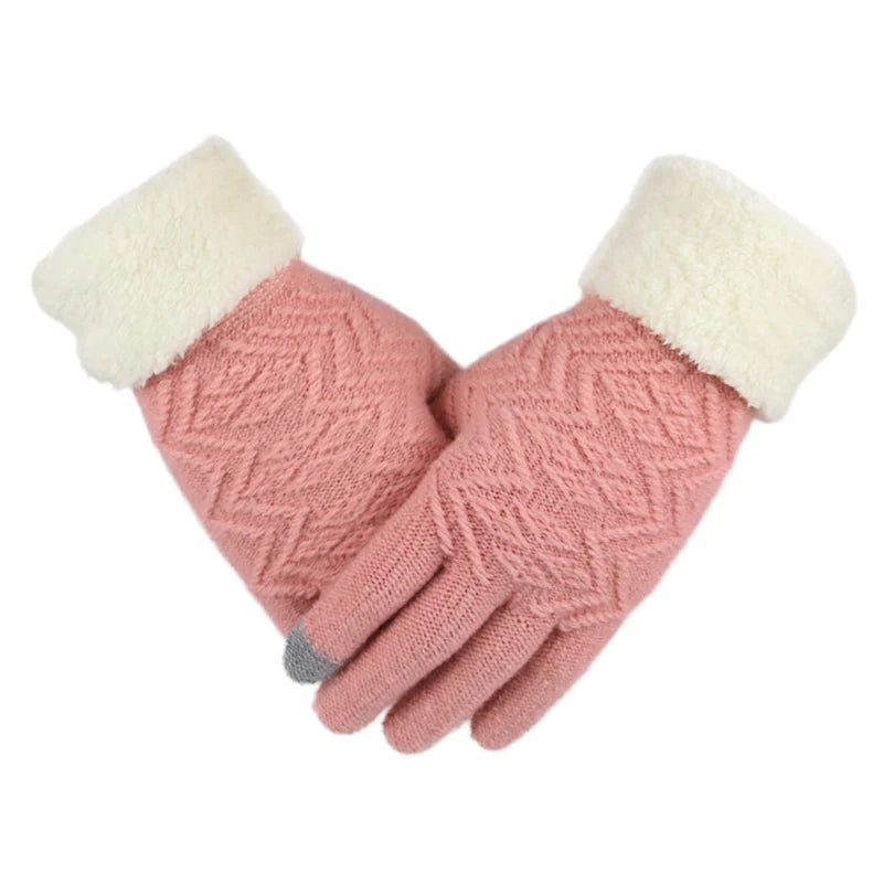 Pink Belro plush-lined touch screen knitted gloves showing soft fabric and touch screen fingertips for easy device use.