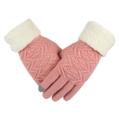 Pink Belro plush-lined touch screen knitted gloves showing soft fabric and touch screen fingertips for easy device use.