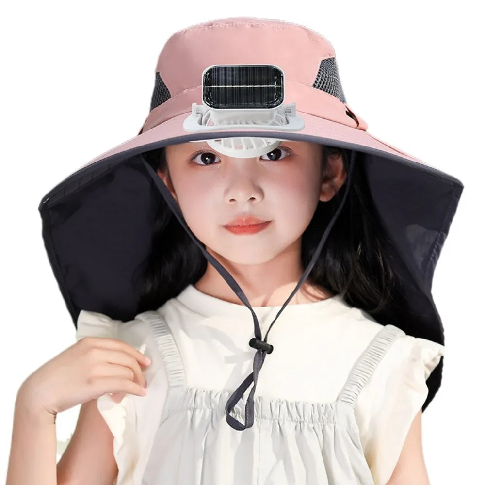 Pink adjustable kids solar fan hat by Belro with built-in cooling fan, sun protection, and lightweight design for outdoor wear.