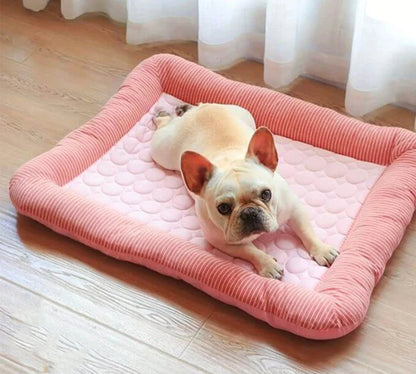 Pink cooling dog bed made of ice silk material by Belro, designed for comfort and temperature regulation for pets.