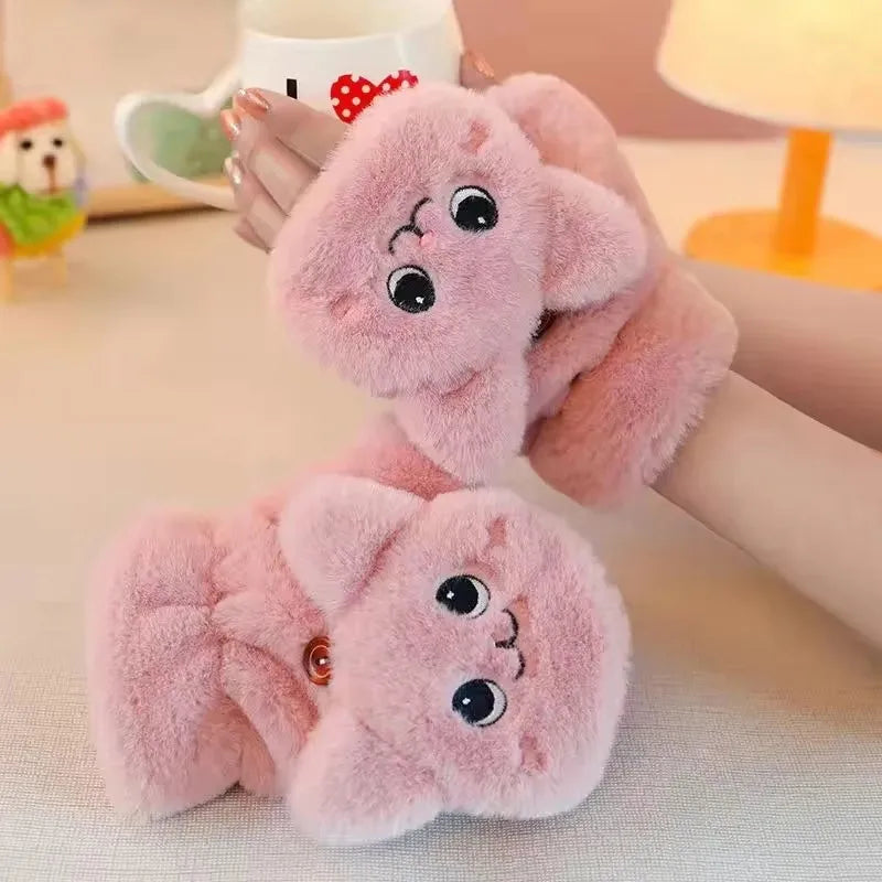 Pink plush animal fingerless gloves by Belro, soft and cozy winter clothing accessory for warmth and style.
