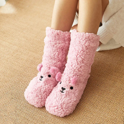 Pink kawaii bear fleece warm socks by Belro featuring soft fabric and adorable bear design for cozy comfort.