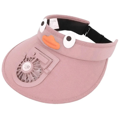 Pink kids sun visor hat with cooling fan from Belro, lightweight and breathable for outdoor summer protection.