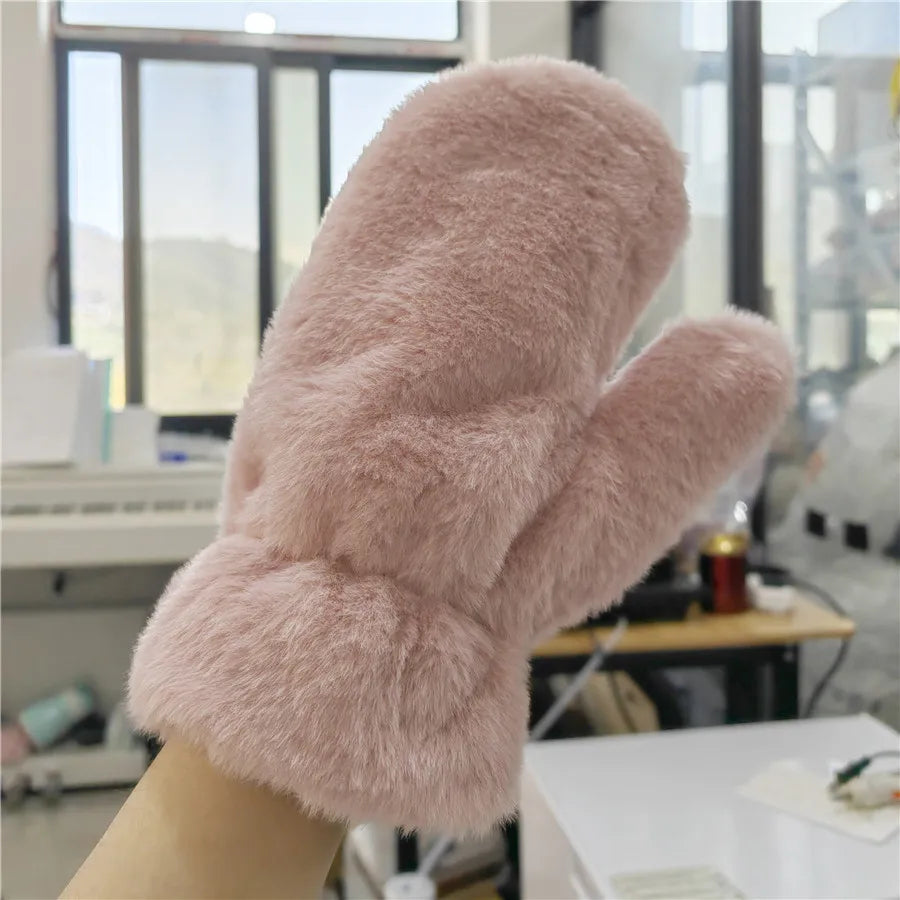 Pink fluffy plush mittens by Belro, cozy winter warm gloves with soft interior, perfect for cold weather.