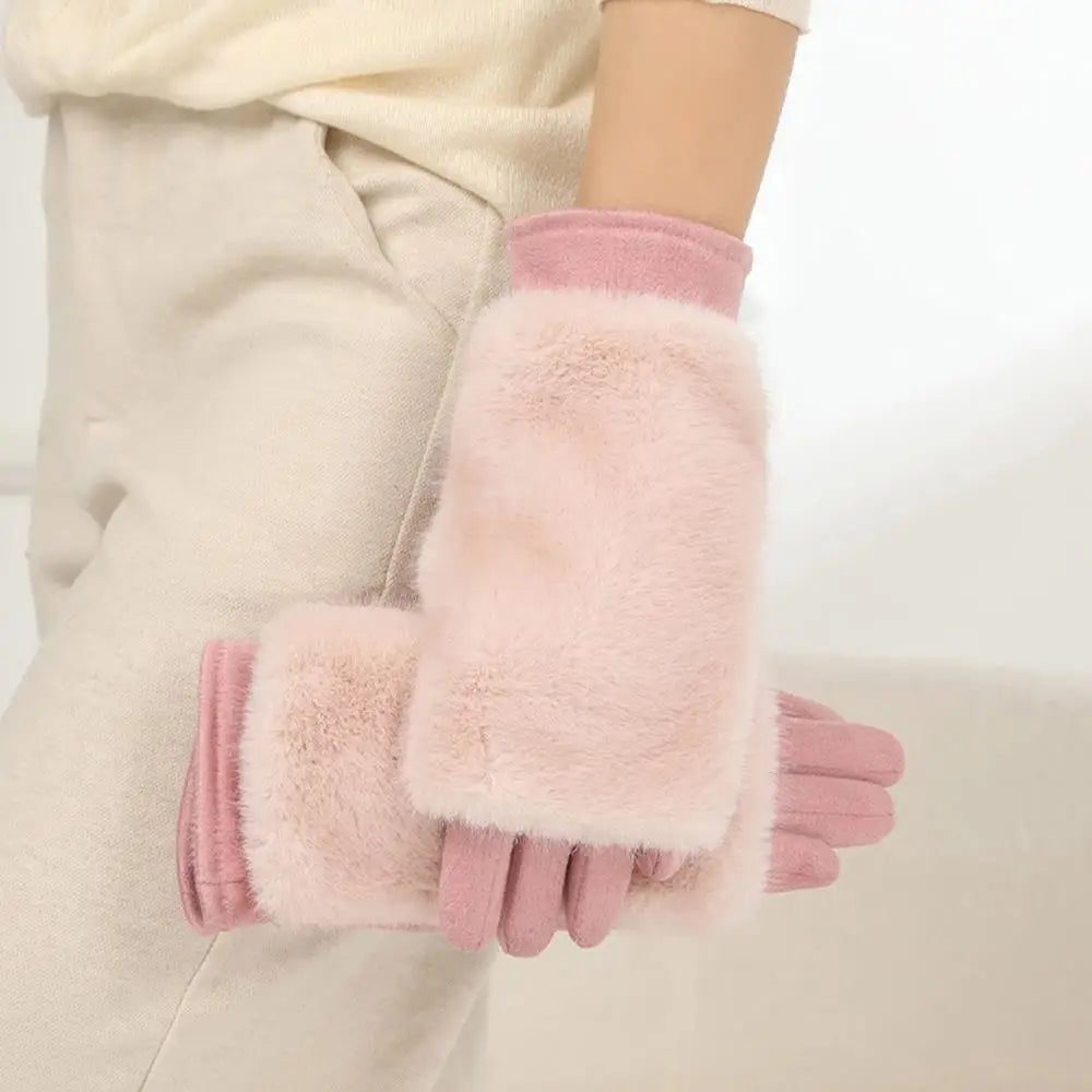 Pink suede winter gloves with rabbit fur trim and touchscreen fingertips, Belro accessories for cold weather.