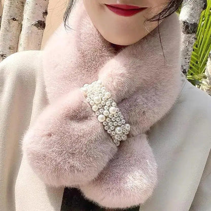 Pink luxury faux fur pearl winter scarf by Belro, soft and plush with pearl accents, perfect for stylish cold-weather accessories.