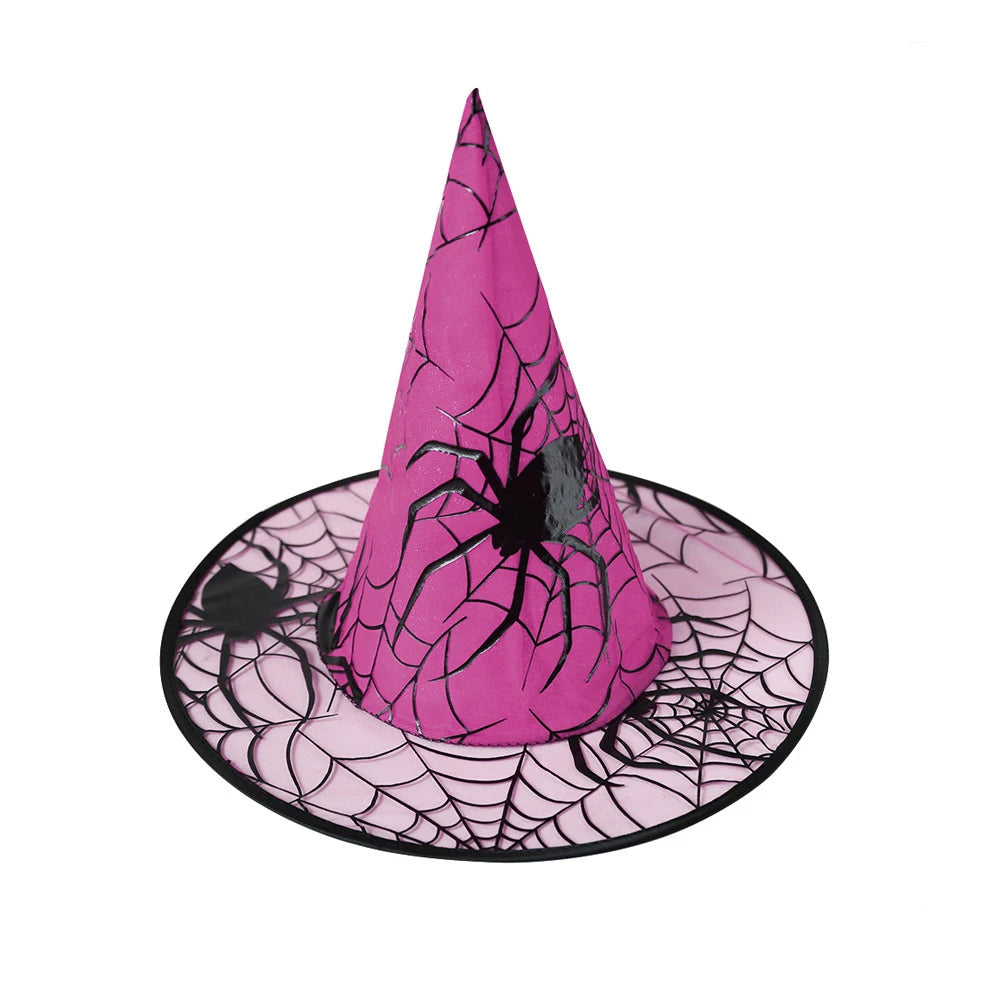Pink Belro Halloween witch hat with colorful spider web design, perfect for festive costume parties and spooky dress-up.