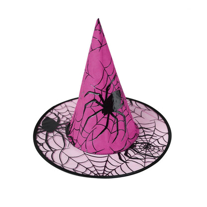 Pink Belro Halloween witch hat with colorful spider web design, perfect for festive costume parties and spooky dress-up.