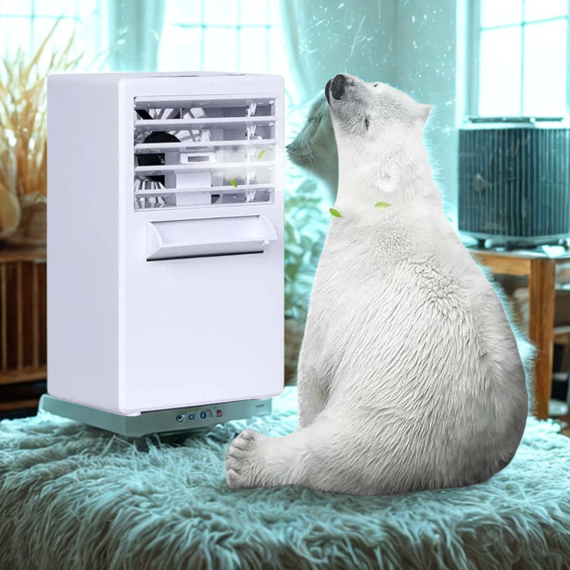 Belro Mini USB Portable Air Conditioner with polar bear design, ideal for outdoor use in home and garden settings.