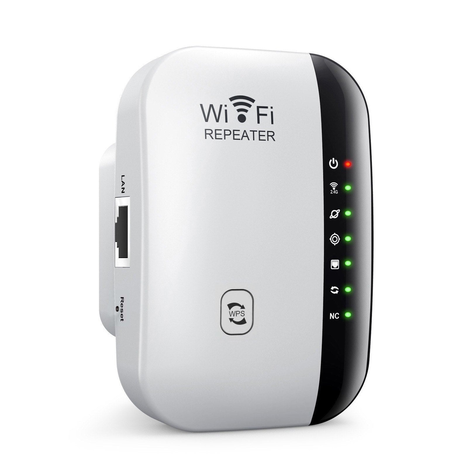 GETDECO portable WiFi range extender with Ethernet, 7 LED indicators, relay and AP modes, compact design for extended WiFi coverage